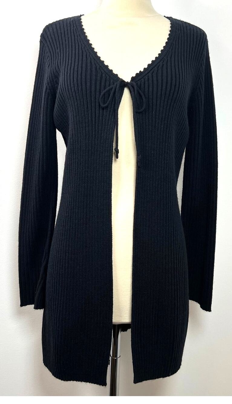 Faded Glory Long Open Front Cardigan Black Ribbed Y2K Dark Academia Size Small